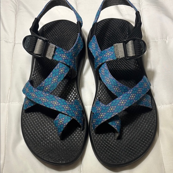 Chaco Shoes - Chaco Z2 Yampa Vibram sandals Black Sandals with Blue Patterned Straps